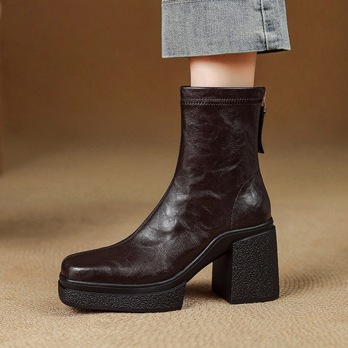 8cm小众高跟弹力瘦瘦靴女2025新款厚底防水台短靴百搭增高马丁靴 - 图0