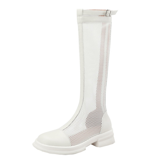 夏季薄款骑士靴女真皮网纱镂空高筒靴不过膝瘦腿长筒凉靴网面大码