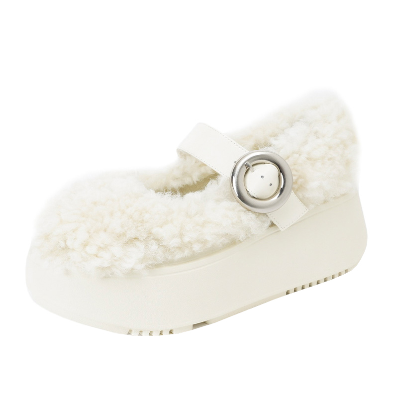 厚底羊羔毛加绒保暖玛丽珍鞋女秋冬新款一字带增高浅口白色毛毛鞋 - 图3