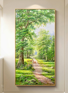 聚宝盆小鹿大树风景装饰画进门对面玄关入户风水挂画东墙高级山水