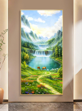 风景旭日东升壁画过道山水挂画走廊正对门客厅装饰画玄关油画入户