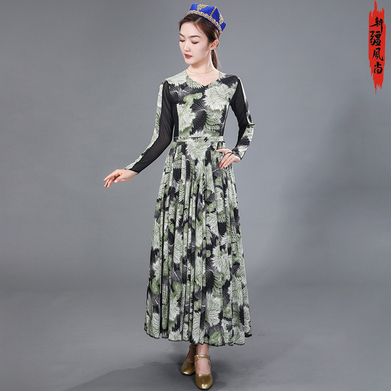 满钻印花连衣裙新款新疆舞蹈服装720度大摆裙维族民族风跳舞裙子