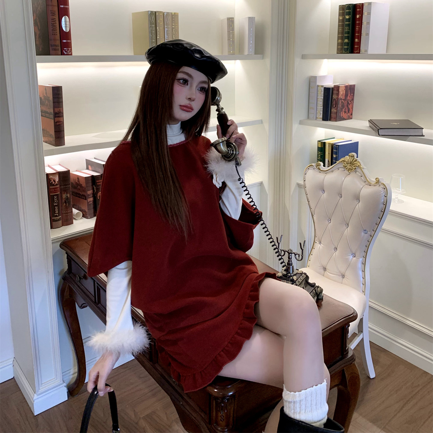 Minxsusu官方授权 毛呢斗篷木耳边半裙两件套女甜美时尚套装新款,淘宝优惠券,粉丝福利购,淘宝优惠卷