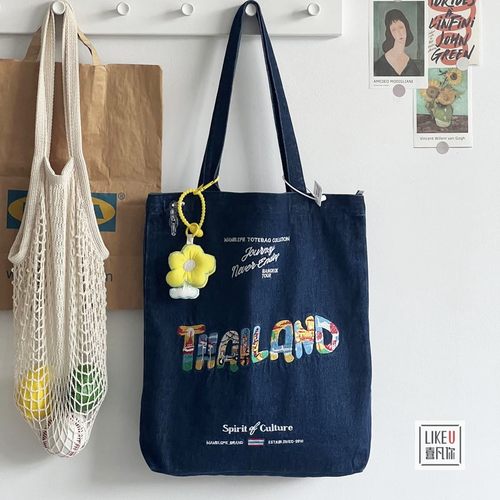 原创自制Thailand牛仔包袋ins韩版休闲潮酷帆布百搭手提单肩女包 - 图3