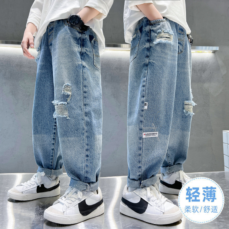 童装男童春秋破洞牛仔裤2025新款儿童中大童男孩宽松夏季薄款长裤 - 图0
