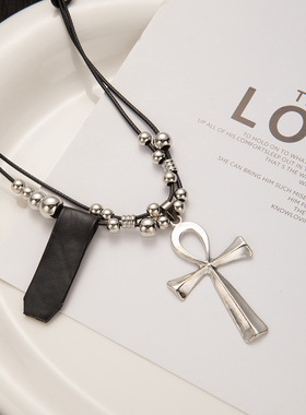 美式甜酷风复古十字架项链女小众辣妹时尚项饰设计感皮质锁骨链
