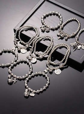 男士超酷帅手串仿银珠两圈手链保色招财猫字母铭牌铃铛手绳手饰品