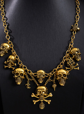 跨境夸张骷髅头吊坠项链个性欧美暗黑复古海盗鬼头项饰朋克毛衣链