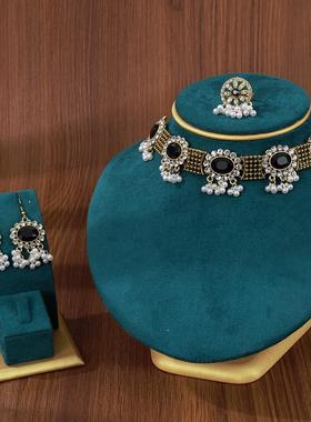 欧美复古祖母绿宝石项链民族风珍珠流苏米珠吊坠颈链套装组合项圈