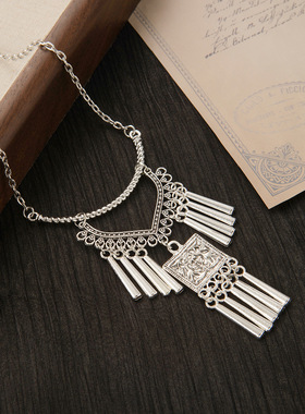 新中式民族风古银色刻花流苏颈链苗族小众冷淡风项链配饰金属项饰