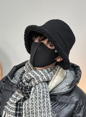 秋冬纯色保暖毛绒绒大檐渔夫帽女护耳系带毛毛盆帽保暖防风棉帽男