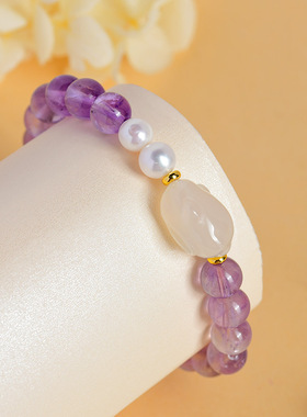 瑾南天然梦幻冰种紫水晶珍珠手链玛瑙兔子时尚简约手串送女友礼物