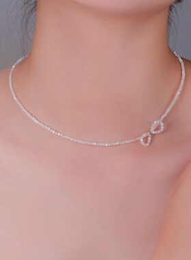 原创设计特细2mm天然白贝项链锁骨链蝴蝶结女礼物叠戴气质时尚