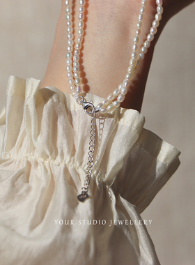 轻奢法式极小天然淡水珍珠双层项链水滴吊坠纯银925锁骨链礼物女