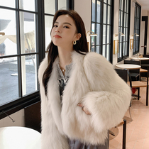 Winter new fox fur bifacial woven fur straw jacket womens tennis red shorts V collar slim and high waist young