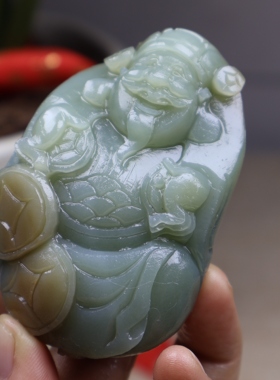 新品毛货包抛光天然和田玉财神手把件手玩件俏色巧雕招财金宝