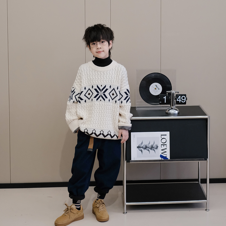 男童毛衣冬装新款洋气中大童线衣韩版复古男孩外套儿童针织衫 - 图0