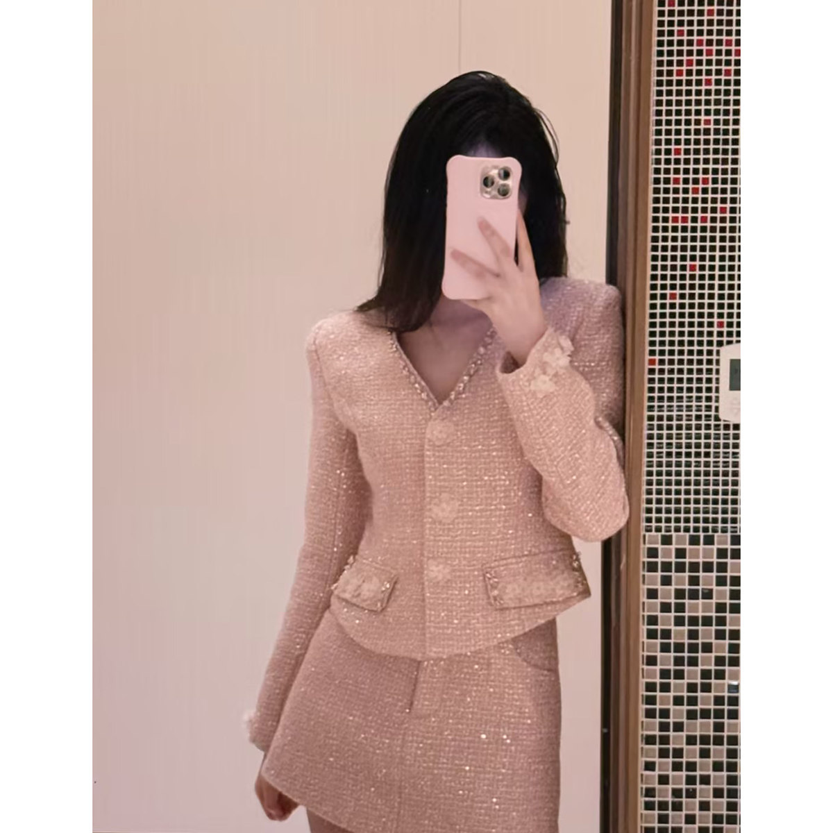 AZZHEN【凯莉水蜜桃】秋季粉色小香风碎钻花朵千金v领夹棉套装女,淘宝优惠券,粉丝福利购,淘宝优惠卷