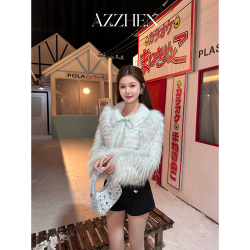 AZZHEN黑标【蜜桃泡芙绒】店庆100大理石狐水貂毛拼接皮草外套女 - 图1