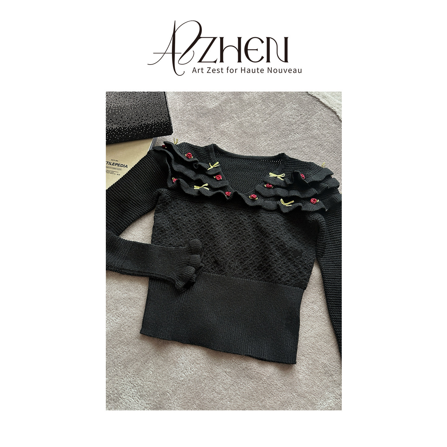 AZZHEN【倾心甜序】复古木耳边V领针织衫气质设计感修身打底 - 图1