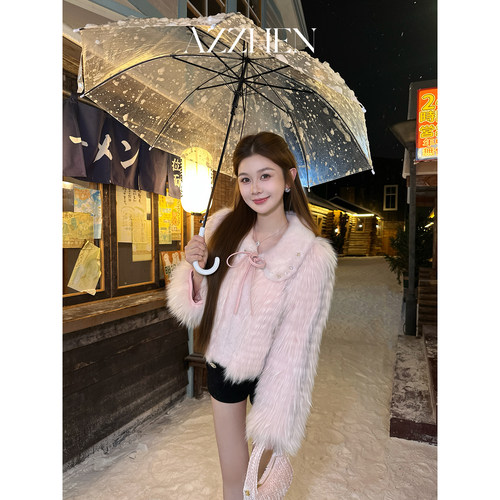 AZZHEN黑标【蜜桃泡芙绒】店庆100大理石狐水貂毛拼接皮草外套女 - 图2