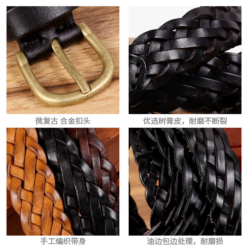 Hand-woven first layer cowhide vintage pin buckle women's belt
