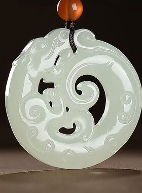 天然新疆青白玉龙形招财吊坠项链