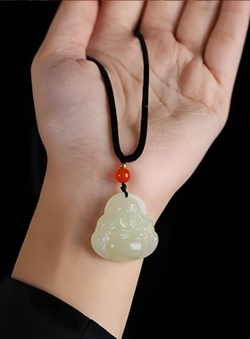 保真青白玉弥勒佛吊坠笑佛项链