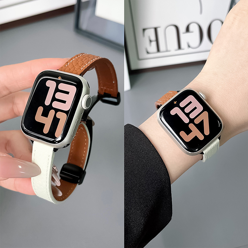 适用苹果applewatchS987654代se手表撞色磁吸扣真皮iwatch表带皮质高级感小众41mm45夏季女新款ultra小蛮腰男