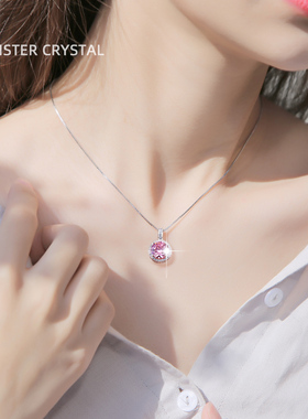 粉色莫桑石项链纯银镀白金不褪色钻石吊坠气质女锁骨链轻奢送女友