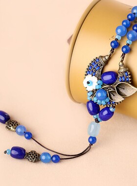 民族风花朵小鱼流苏毛衣链女复古