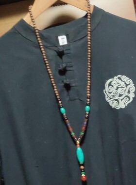 中国风复古长款毛衣链天珠吊坠木珠项链藏式棉麻挂件唐装汉服配饰