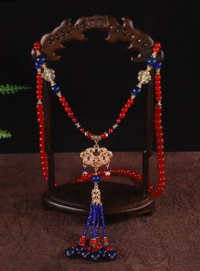 新中式复古平安长命锁吊坠长款红色串珠项链女马面裙汉服配饰挂件