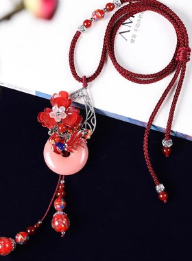 粉玛瑙平安扣女长款串珠毛衣链