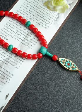 红色琉璃串珠佛珠毛衣链长款民族风尼泊尔智慧之眼吊坠项链女配饰