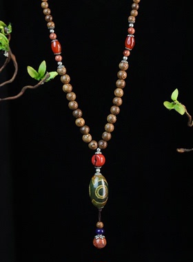 复古毛衣链鸡翅木圆珠男女玛瑙