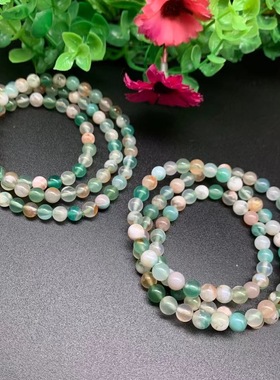 天然绿樱花玛瑙手链 冰种飘花玉髓单圈绿色水晶手串男女多圈