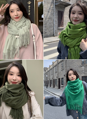芥末绿围巾韩版纯色男女情侣冬季厚款保暖军绿豆绿围脖学生披肩百