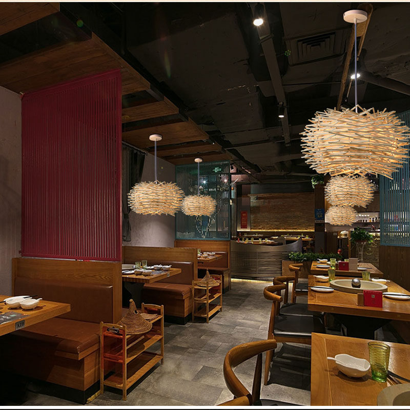 日式仿古餐厅手工编织藤艺吊灯创意个性饭店吧台禅意茶室鸟巢灯笼_虎窝淘