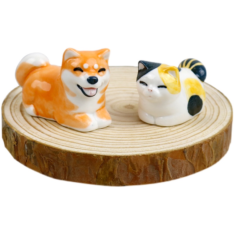 可爱日式小猫咪陶瓷摆件创意家居饰品柴犬瓷器狗动物桌面盆景摆设