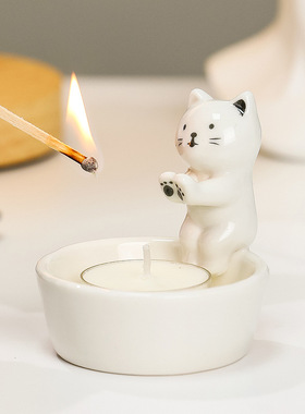 蕊杰新款香薰蜡烛台烤手小猫小熊女神生日礼物家用耐高温陶瓷摆件