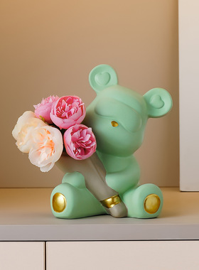 创意捧花暴力熊治愈情绪小摆件客厅玄关酒柜电视柜桌面家居装饰品