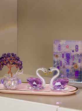 水晶天鹅发财树聚宝盆摇钱树高档礼物乔迁礼品玄关客厅装饰摆件新