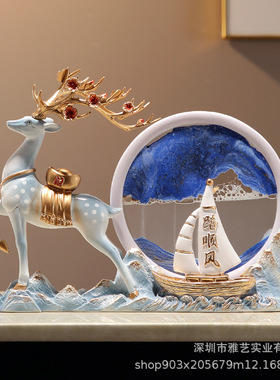 新中式一鹿顺风流沙风景画摆件装饰客厅电视柜玄关办公室开业礼品