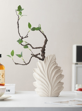 磨砂白素烧陶瓷花瓶树叶叶子纹路插花花器创意客厅样板间桌面摆件