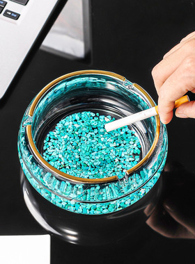 水晶烟灰缸高端大气档次轻奢创意家用客厅办公玻璃金砂烟缸防飞灰