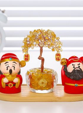 天然水晶发财树福喜小财神办公室工位桌面摆件乔迁新居玄关装饰品