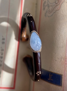 原创西藏高原深山老鸡血藤手镯镶嵌缅甸A货蓝紫色玉兰花