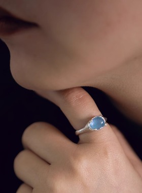 八月南方海蓝宝戒指纯银开口戒