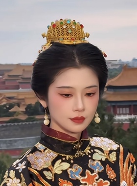 大萌制 仿明代镂空铜钱纹宝石冠 金色头冠汉服发冠 3d打印发饰女